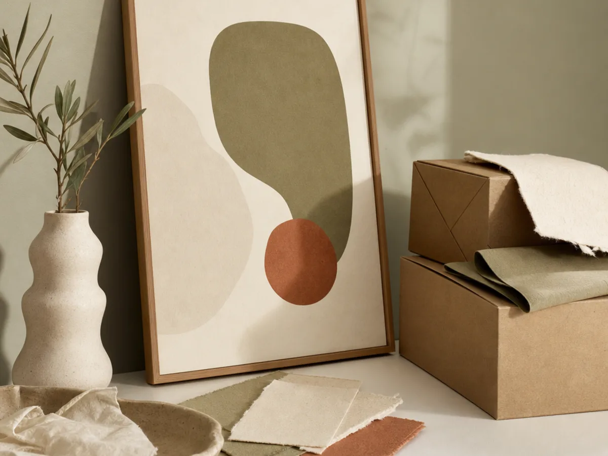 Kunstprint, Papiermuster und Verpackung als gestaltetes Produktarrangement