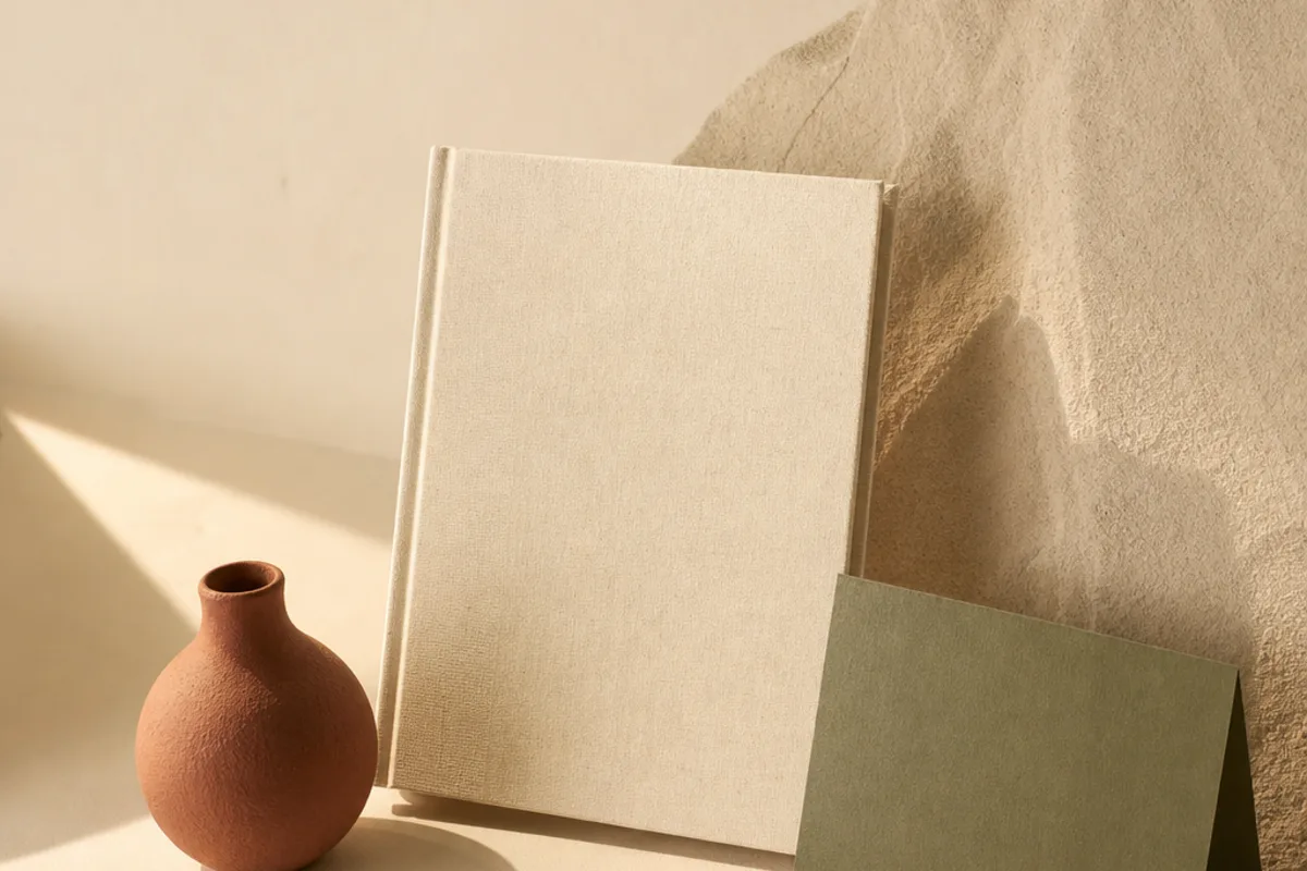 Notizbuch, Keramikvase und Papierkarte in einem hellen Stillleben